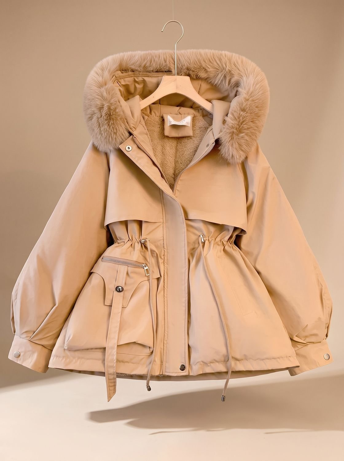 Women's Homixa water-resistant fitted winter parka with faux-fur hood and drawstring waist, outdoors in snowy setting.