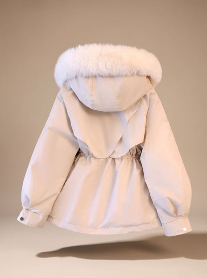 Women's water-resistant fitted winter parka by Homixa with faux-fur hood and adjustable drawstring waist, ideal for cold weather.