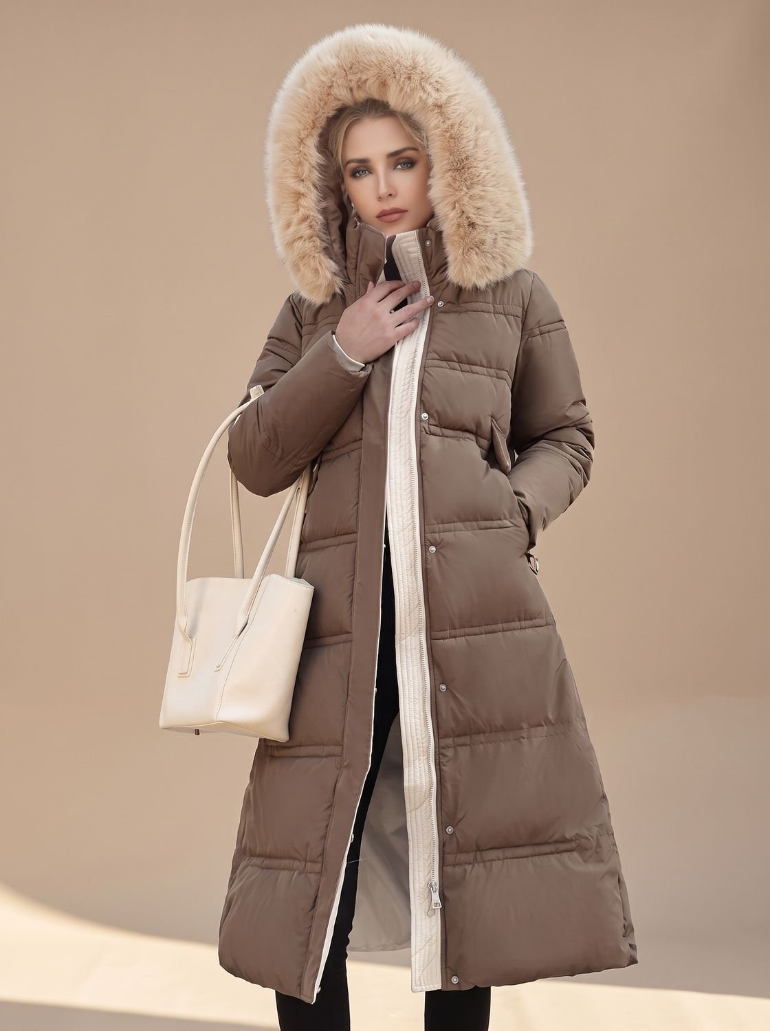 Women's water-resistant quilted winter parka with fur-trimmed hood, warm and stylish Homixa outerwear for cold weather.