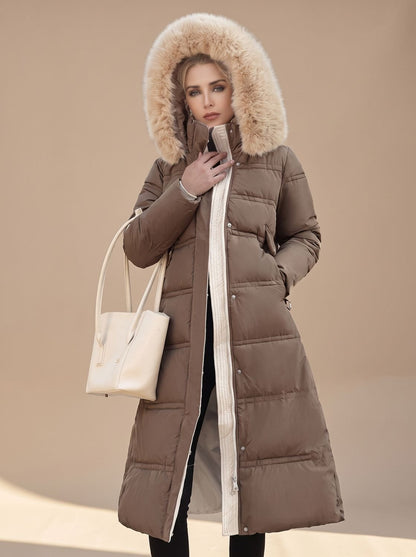 Women's water-resistant quilted winter parka with fur-trimmed hood, warm and stylish Homixa outerwear for cold weather.