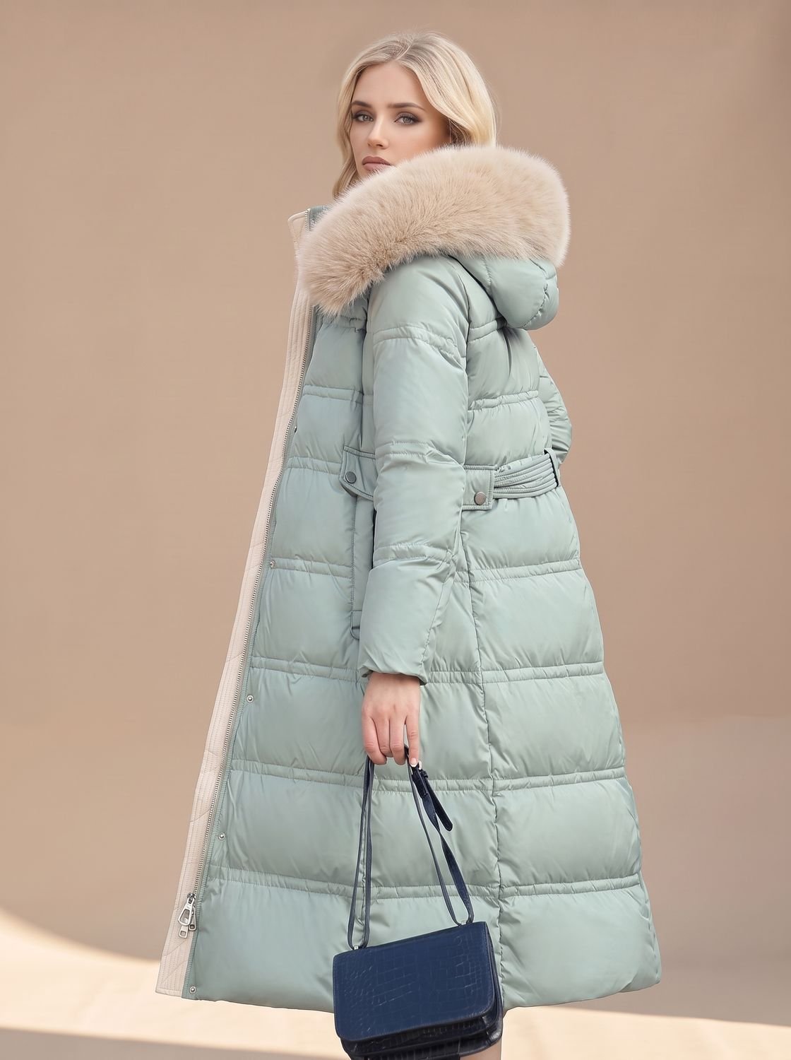 Women’s water-resistant quilted long winter parka with fur-trimmed hood, designed by Homixa, perfect for cold weather.