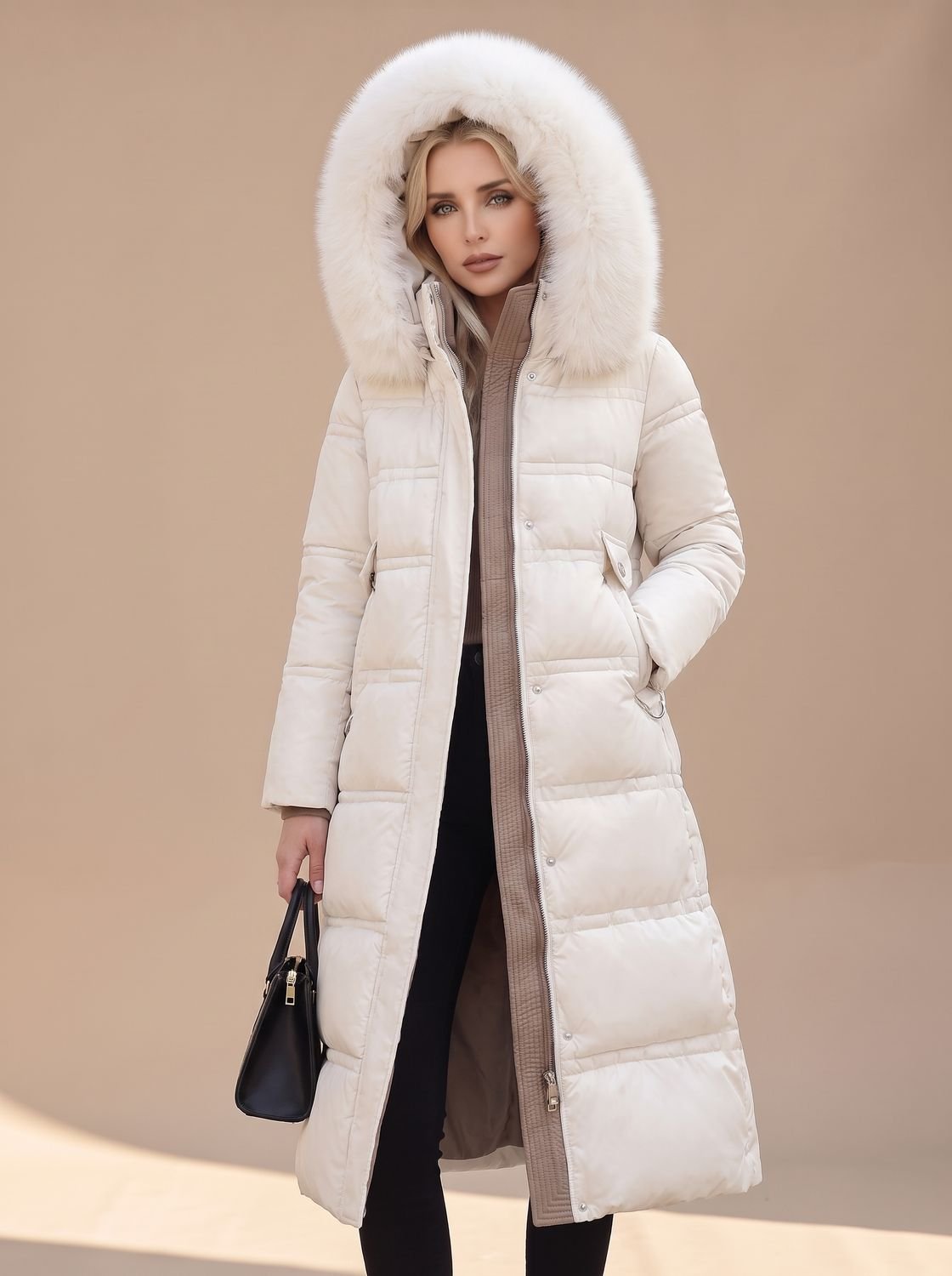 Women's water-resistant quilted long winter parka with fur-trimmed hood by Homixa, showing the cozy hood and quilted design.