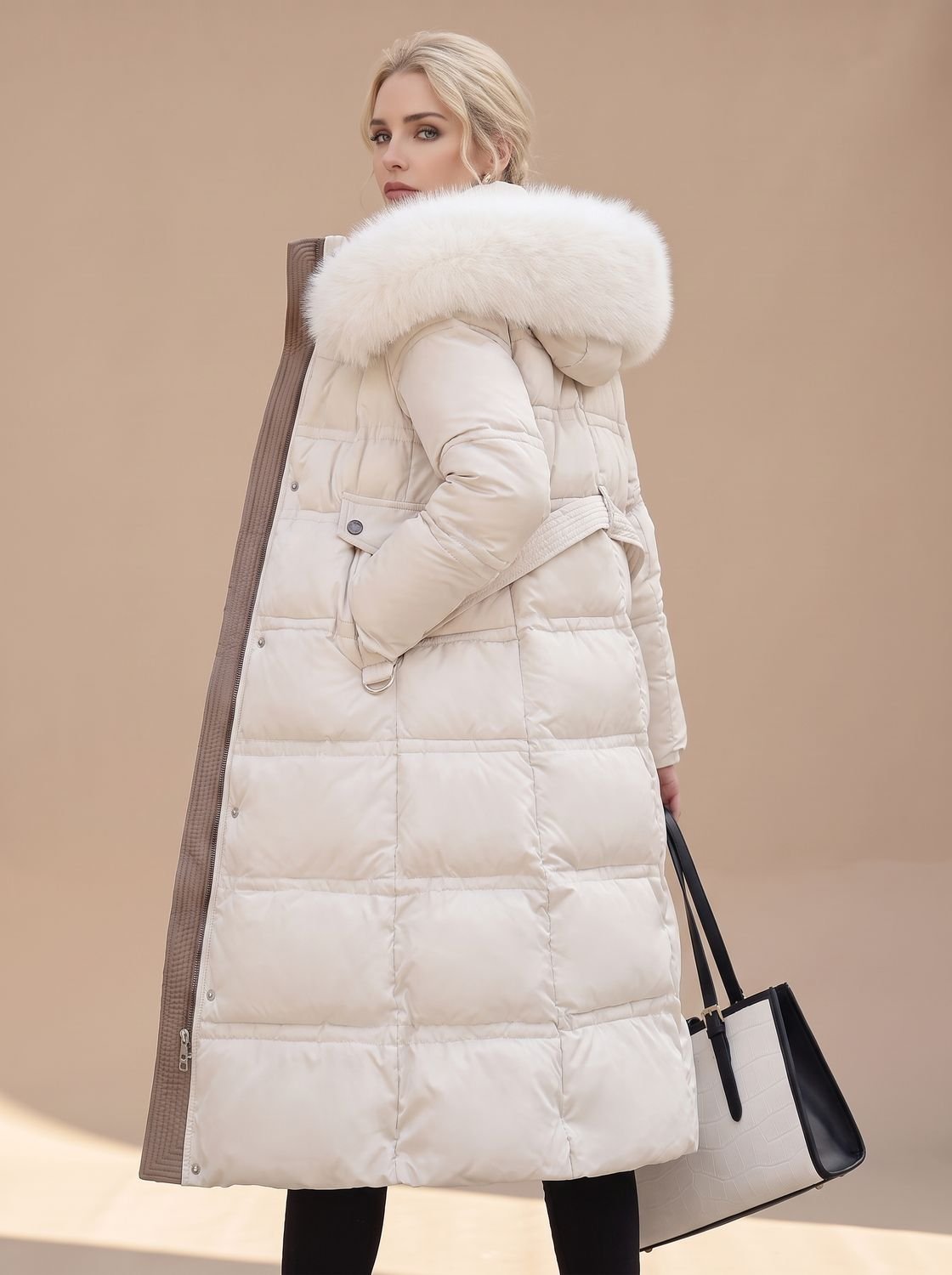 Women's water-resistant quilted long winter parka with fur-trimmed hood by Homixa, showing front view and cozy winter style.