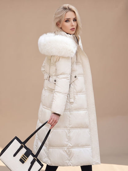 Women’s water-resistant quilted long winter parka with fur-trimmed hood by Homixa, showing the stylish outerwear with a cozy fur detail.