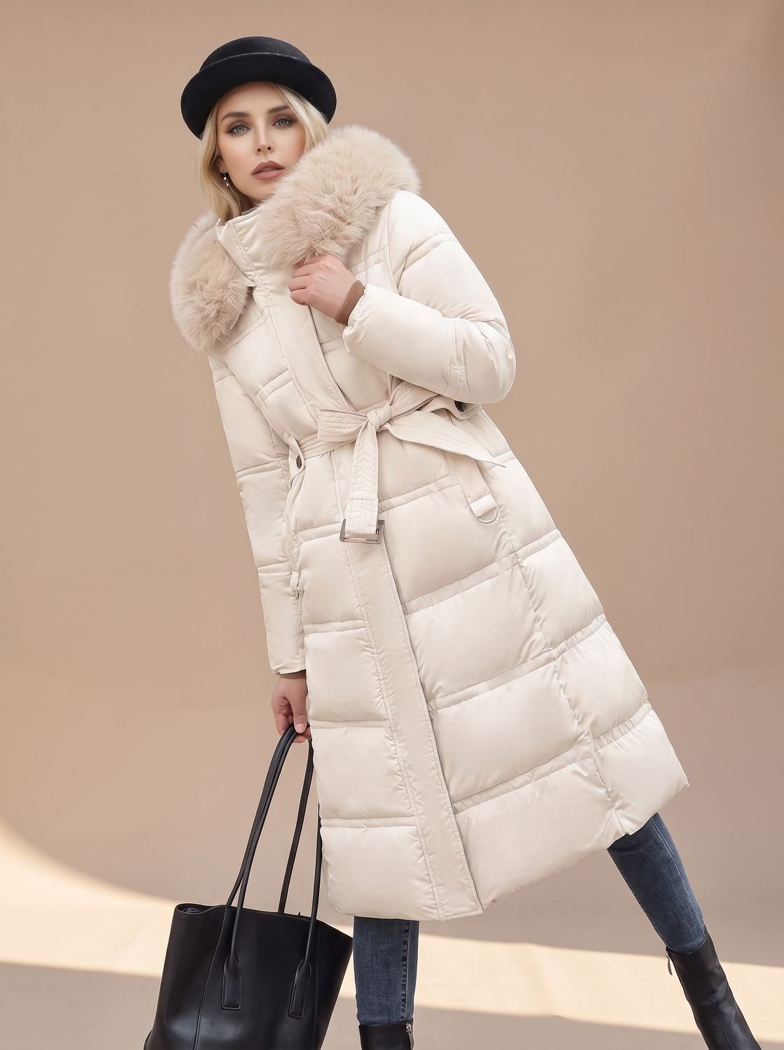 Women's water-resistant quilted long winter parka with fur-trimmed hood, warm and stylish outerwear by Homixa.