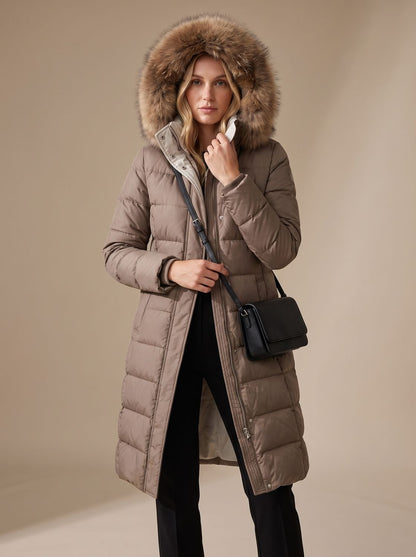 Women's water-resistant quilted long winter parka with fur-trimmed hood, warm and stylish outerwear by Homixa.