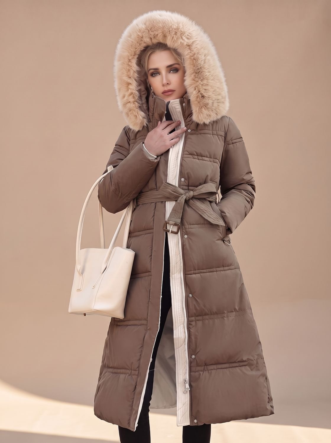 Women's water-resistant quilted long winter parka by Homixa with fur-trimmed hood, designed for warmth and style.