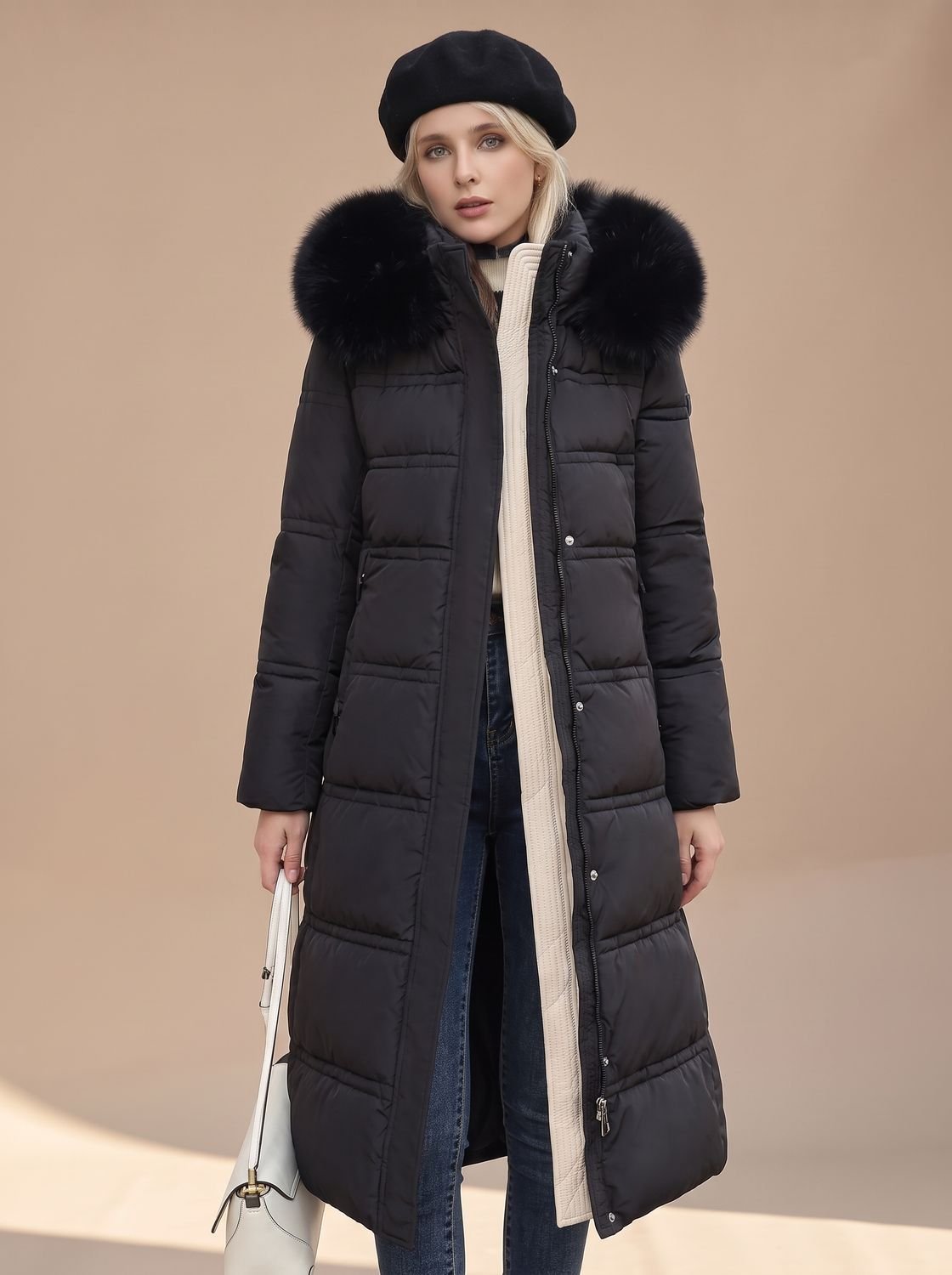 Women's water-resistant quilted long winter parka by Homixa with a fur-trimmed hood, perfect for cold weather and snowy days.