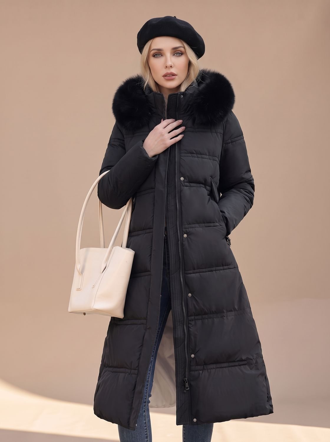 Women's water-resistant quilted winter parka with fur-trimmed hood by Homixa, featuring a long design and warm, insulated fabric.