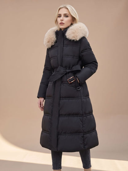 Women’s water-resistant quilted winter parka with fur-trimmed hood by Homixa, shown in a long, warm winter coat with hood.