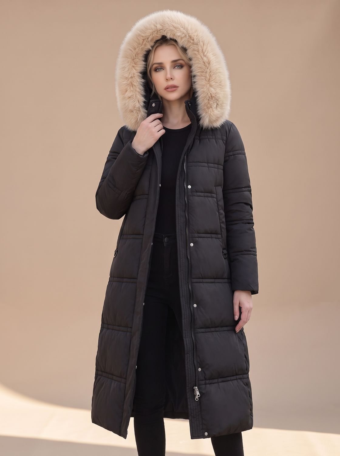 Women's water-resistant quilted long winter parka with fur-trimmed hood by Homixa, featuring a cozy, insulated design for cold weather.