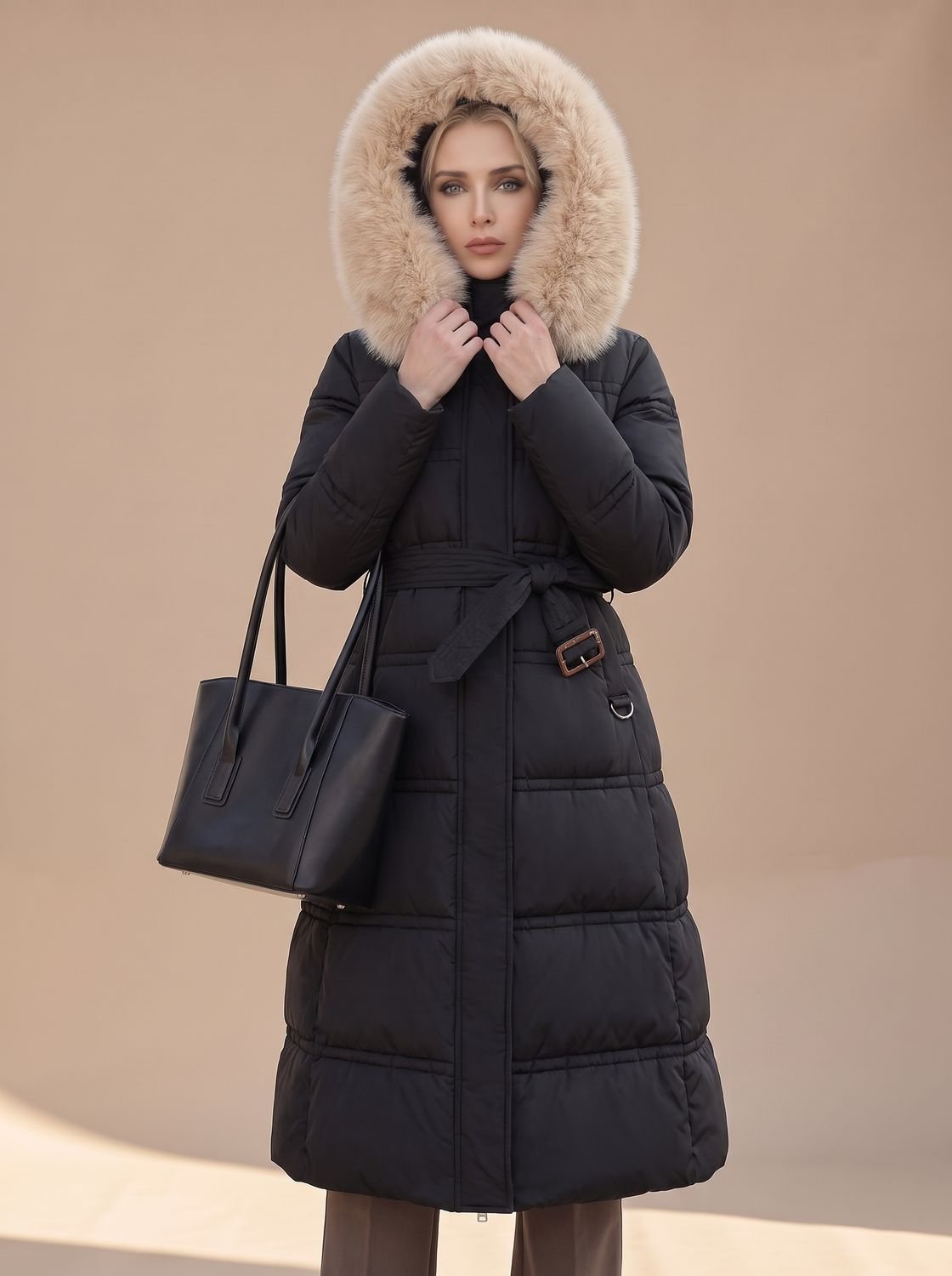 Women's quilted water-resistant winter parka with fur-trimmed hood by Homixa, showcasing a long, insulated design for cold weather.