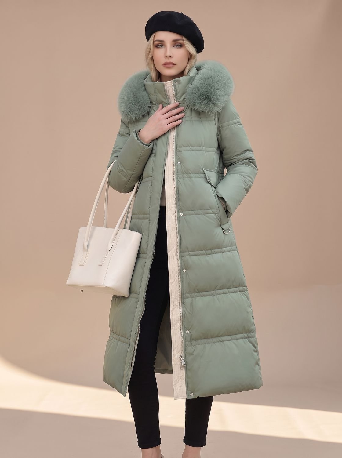 Women's water-resistant quilted long winter parka with fur-trimmed hood by Homixa, designed for warmth and style in cold weather.