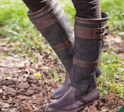 Homixa women's waterproof knee-high country boots with double buckles, pull-on style, and two-tone leather upper.