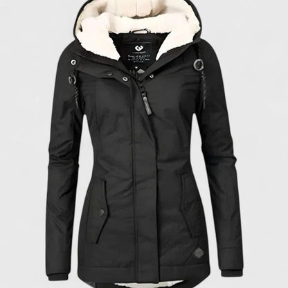 Homixa women's waterproof hooded winter coat with fleece lining, zip front, and hip pockets, ideal for cold, rainy weather.