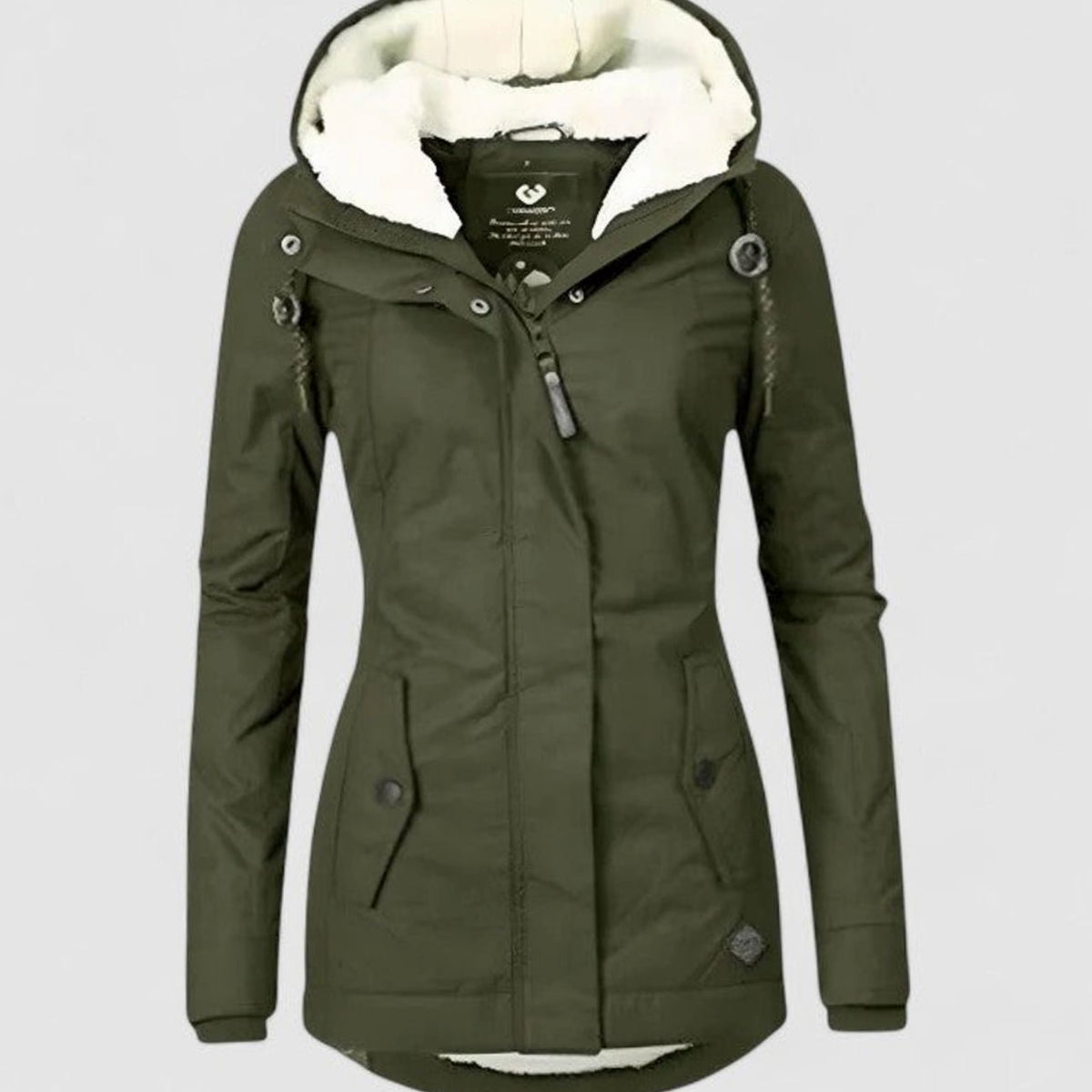 Women's waterproof hooded winter coat with fleece lining, zip front, and hip pockets, by Homixa.