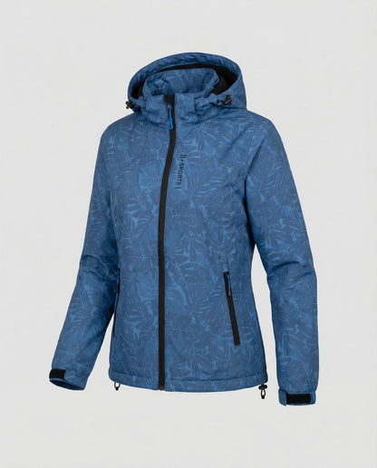 Women's waterproof lined winter jacket by Homixa with adjustable hood and zip side pockets, shown on a model in winter outdoor setting.