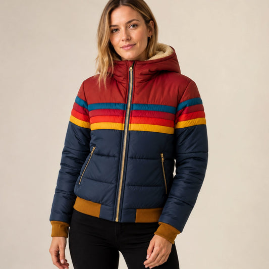 Women’s waterproof striped winter puffer jacket with sherpa-lined hood by Homixa, showcasing the cozy hood and stylish design.