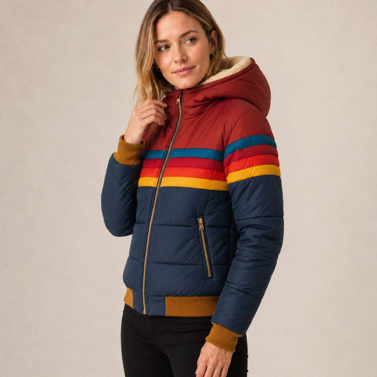 Women's waterproof striped winter puffer jacket with sherpa-lined hood by Homixa, outdoor-ready and insulated for cold weather.