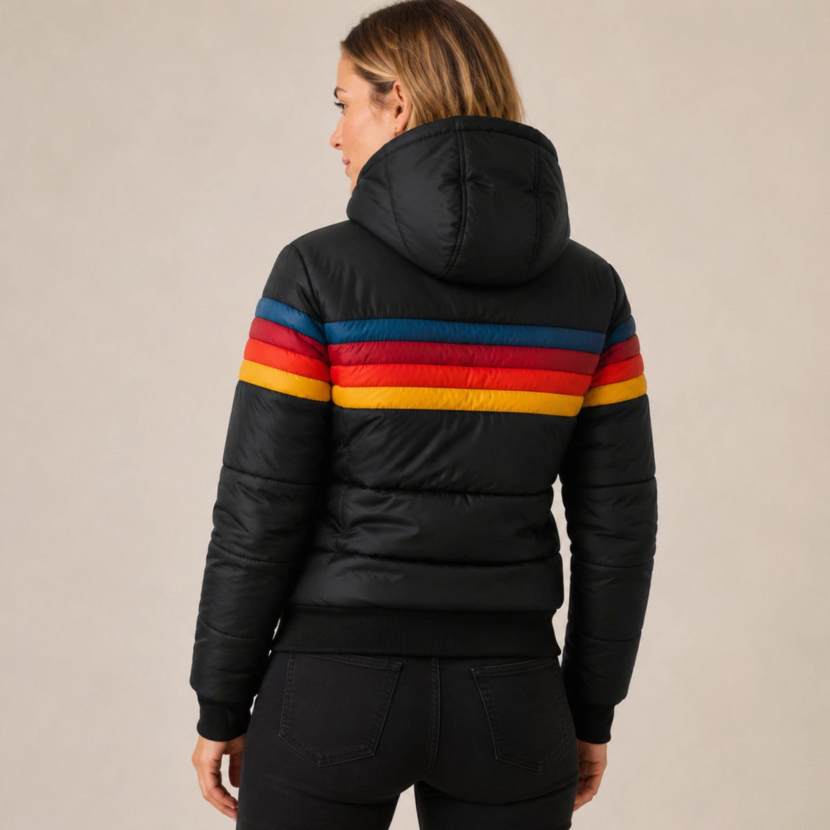 Women's waterproof striped winter puffer jacket with Sherpa-lined hood by Homixa, showcasing the cozy hood and stylish striped design.