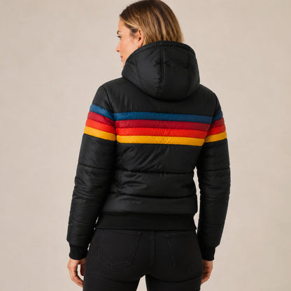 Women's waterproof striped winter puffer jacket with Sherpa-lined hood by Homixa, showcasing the cozy hood and stylish striped design.