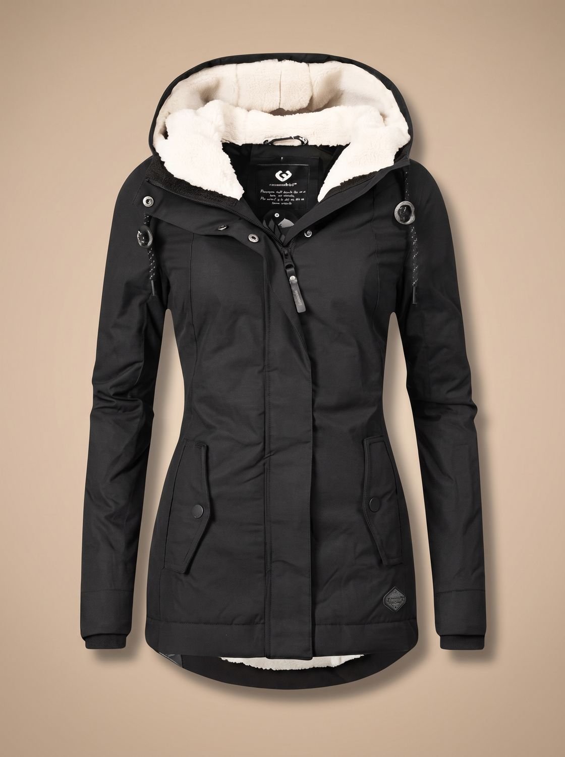 Women's waterproof winter jacket by Homixa with fleece lining, hood, and full-zip front, designed for cold weather protection.