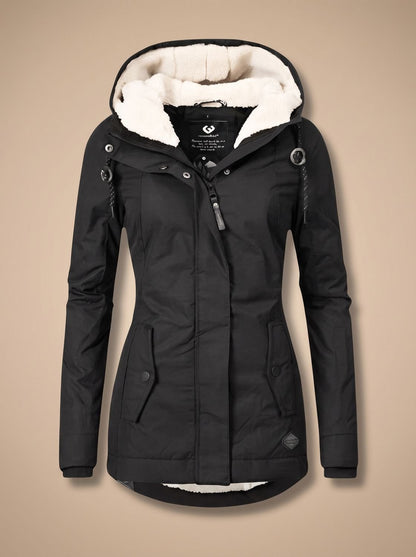 Women's waterproof winter jacket by Homixa with fleece lining, hood, and full-zip front, designed for cold weather protection.