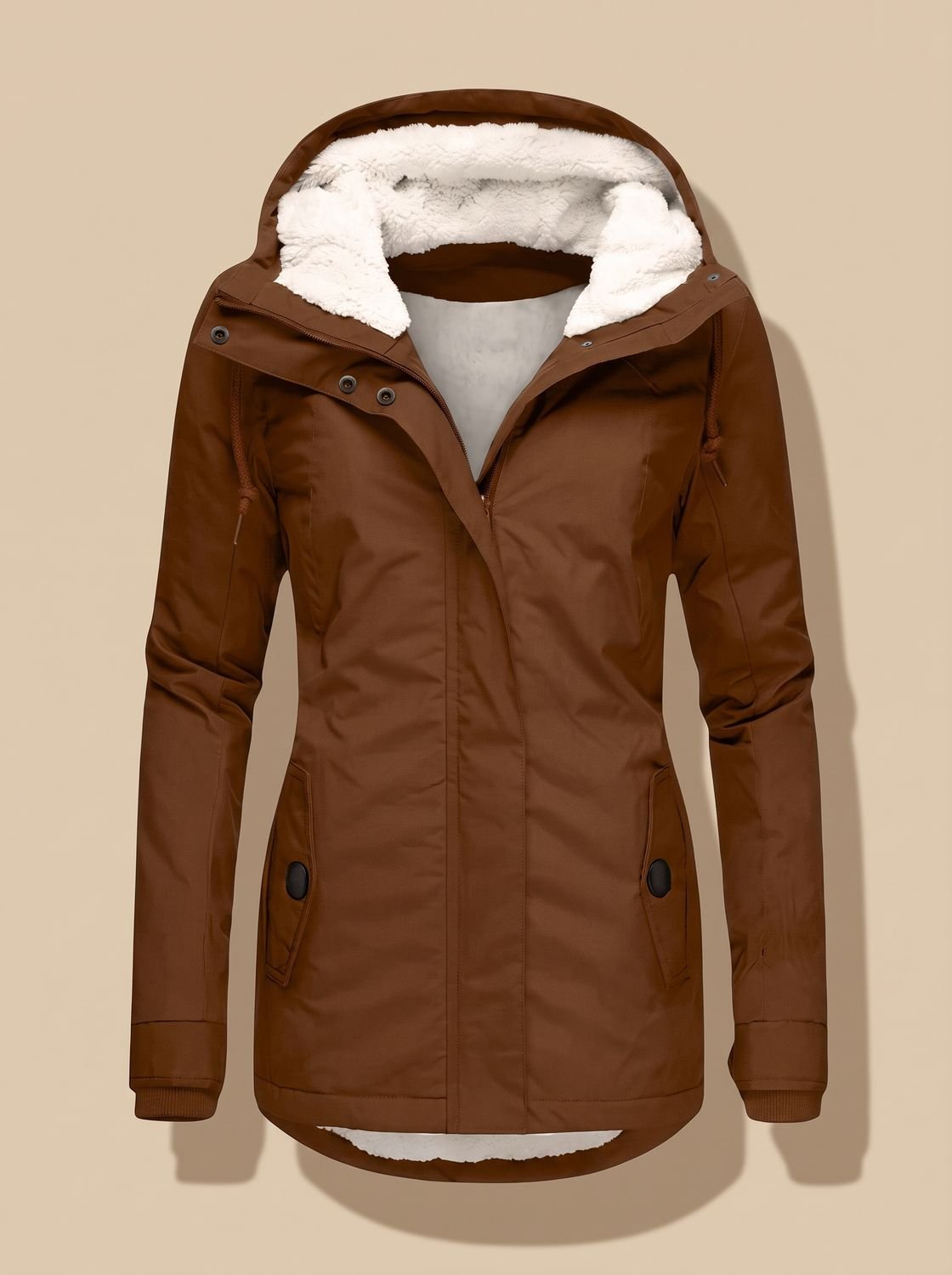 Women's waterproof winter jacket by Homixa with fleece lining, hood, and full-zip front, suitable for cold weather.