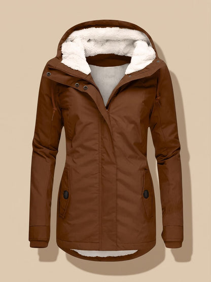 Women's waterproof winter jacket by Homixa with fleece lining, hood, and full-zip front, suitable for cold weather.
