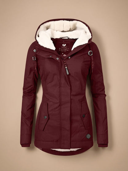 Women's waterproof winter jacket by Homixa with fleece lining, hood, and full-zip front, suitable for cold and wet weather.