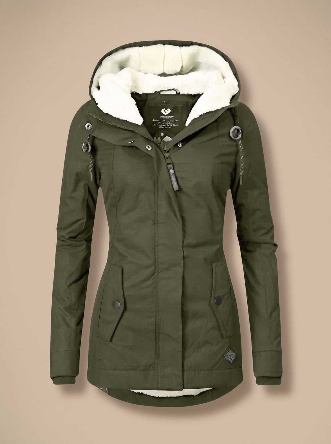 Women’s waterproof winter jacket by Homixa with fleece lining, hood, and full-zip front, designed for cold outdoor weather.