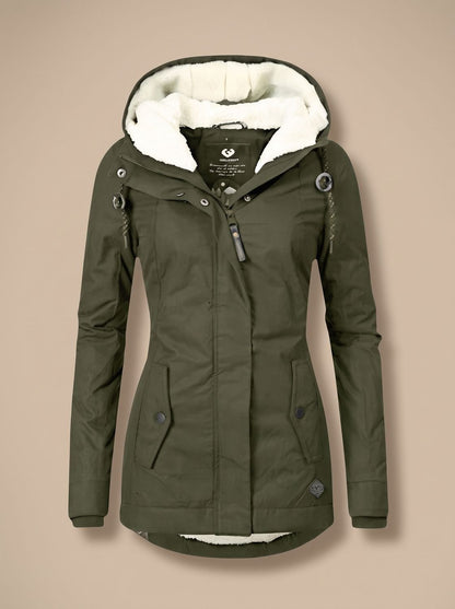 Women’s waterproof winter jacket by Homixa with fleece lining, hood, and full-zip front, designed for cold outdoor weather.