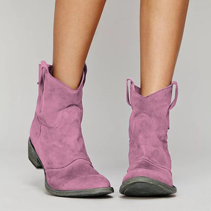 Women's Western cowboy boots by Homixa featuring pull tabs, embroidered shaft, and a low heel, perfect for Western style.