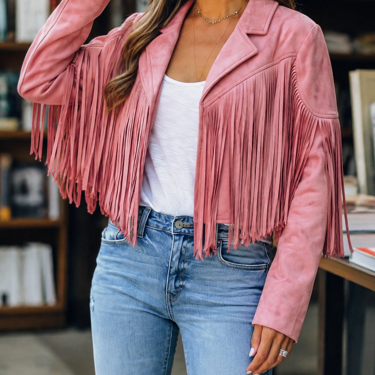Women's Western Fringe Jacket by Homixa featuring cropped faux suede with fringe details and notched lapels.