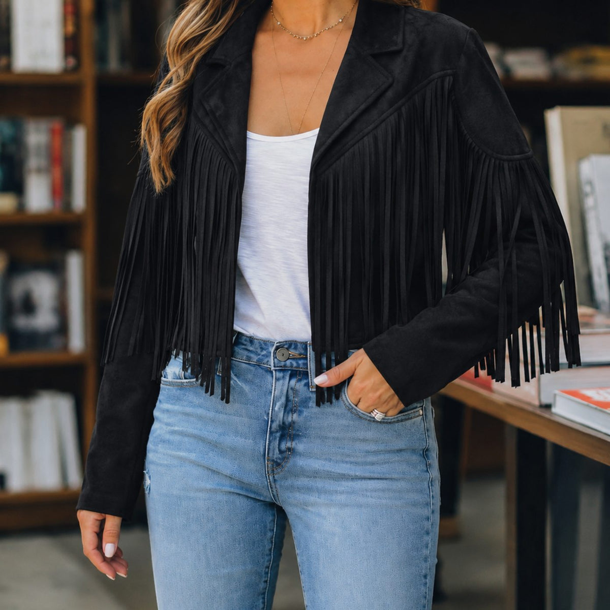 Women's Western Fringe Jacket by Homixa featuring cropped faux suede, fringe details, and notched lapels.