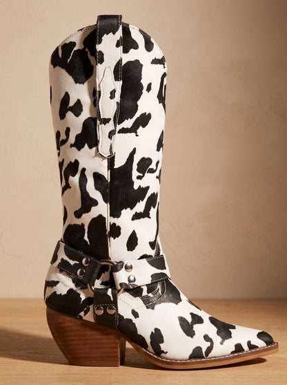 Homixa women's western knee-high boots with pointed toe, block heel, and harness straps, stylish and durable for outdoor wear.