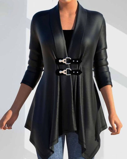 Women’s faux leather winter jacket by Homixa featuring an asymmetric hem and double buckle details, shown in a stylish outdoor setting.