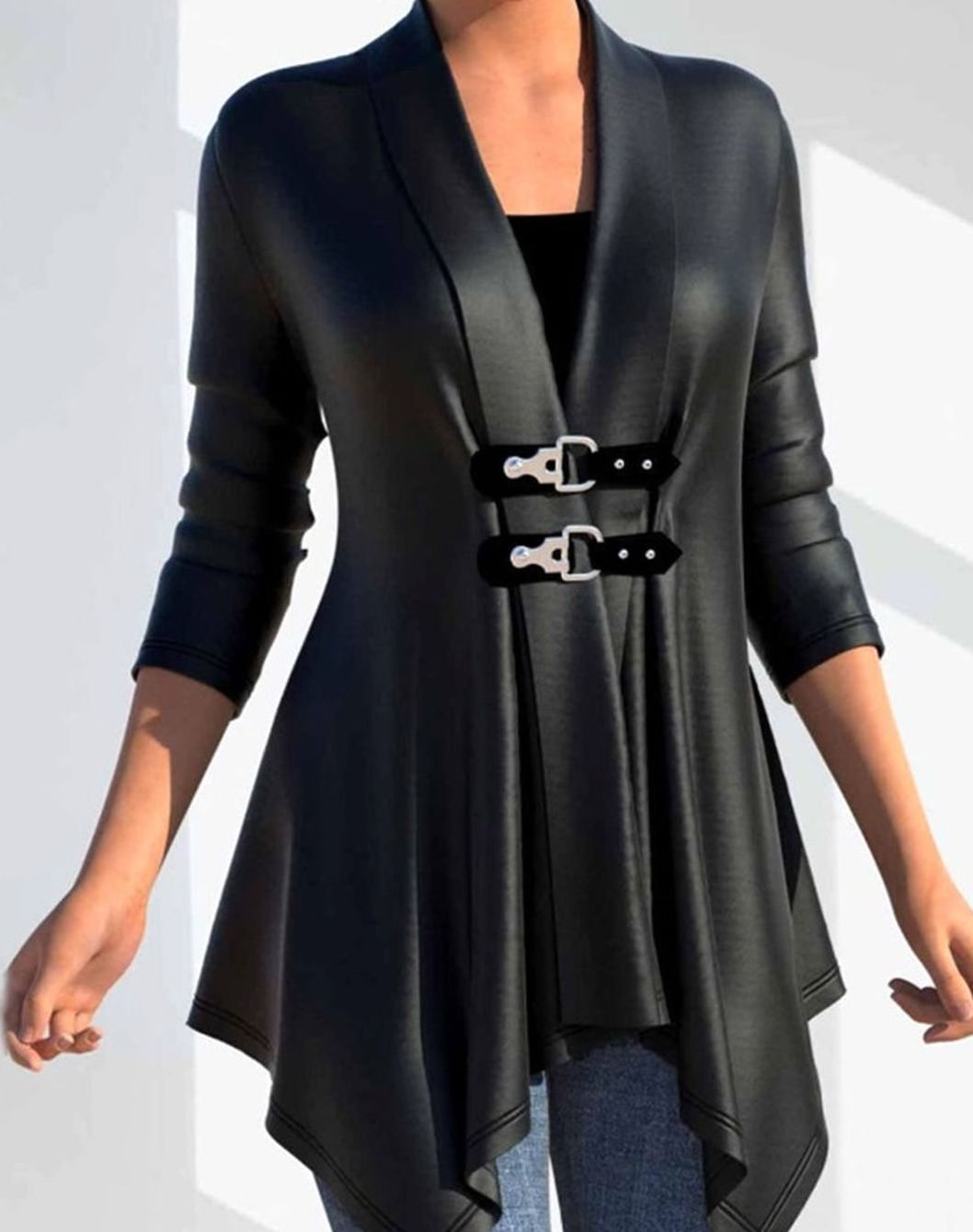 Women's faux leather winter jacket with asymmetric hem and double buckle details, stylish outerwear by Homixa.
