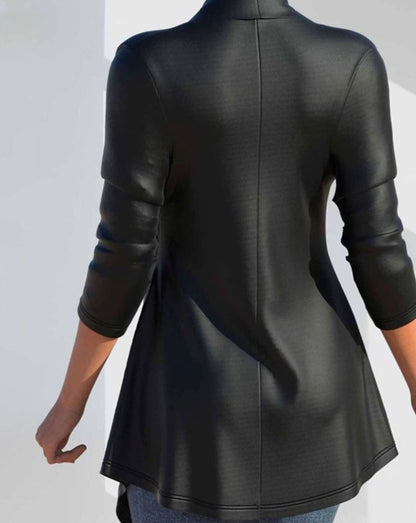 Women's faux leather winter jacket with asymmetric hem and double buckles, stylish Homixa jacket for cold weather.