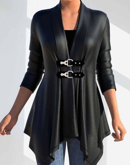 Women's faux leather winter jacket by Homixa featuring an asymmetric hem and double buckle details.