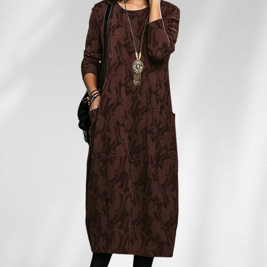 Homixa women's winter midi dress with long sleeves, crew neck, and side pockets, perfect for cold weather.
