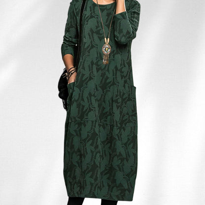Homixa women's winter midi dress with long sleeves, crew neck, and side pockets, perfect for cold weather wear.