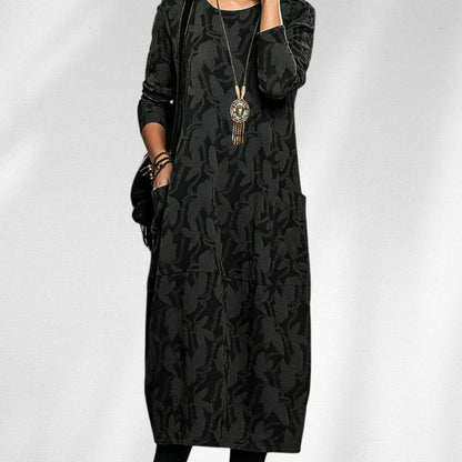 Homixa women's winter midi dress with long sleeves, crew neck, and side pockets, suitable for cold weather.