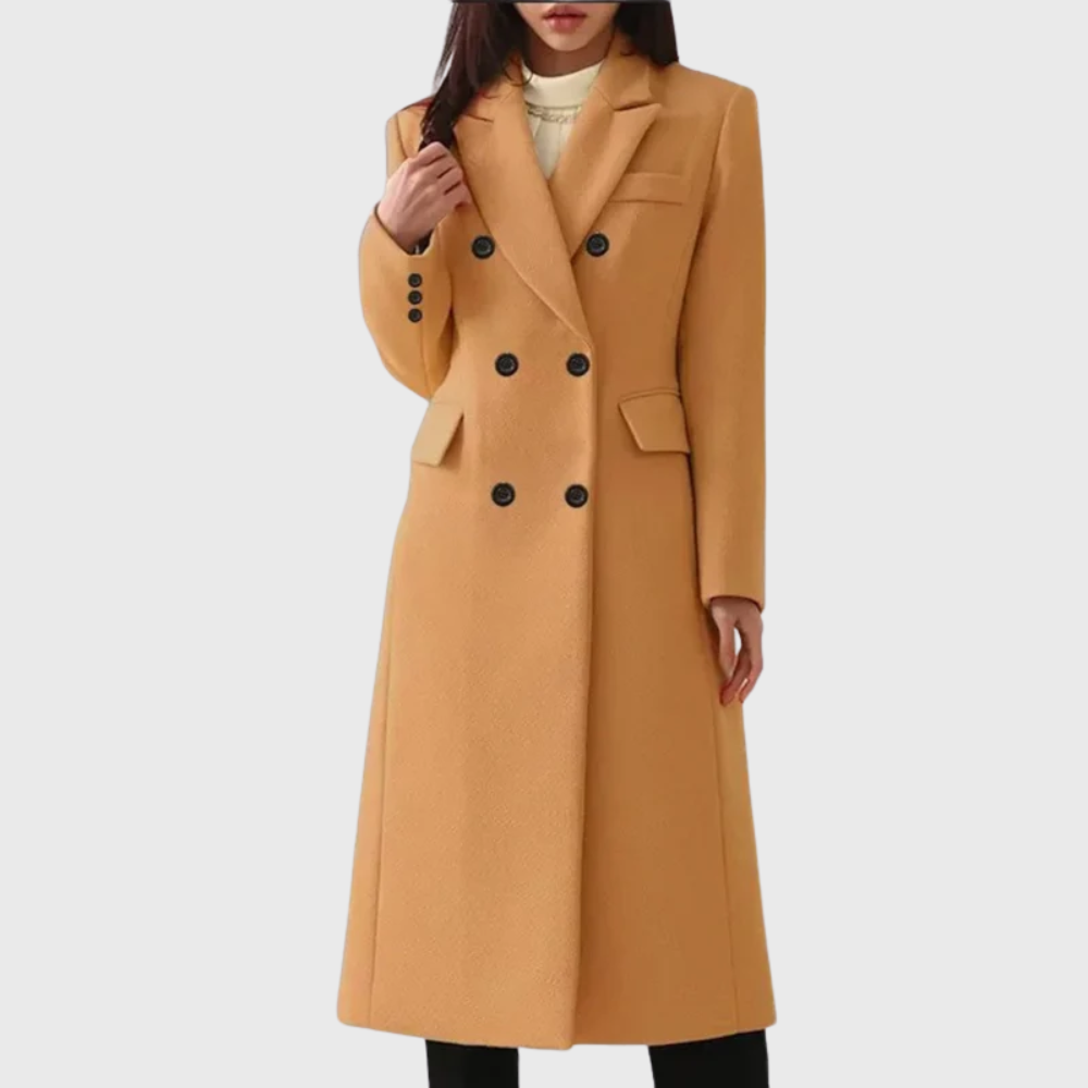 Women's wool-blend coat by Homixa featuring flap pockets, notched lapels, and a double-breasted front, shown on a model.