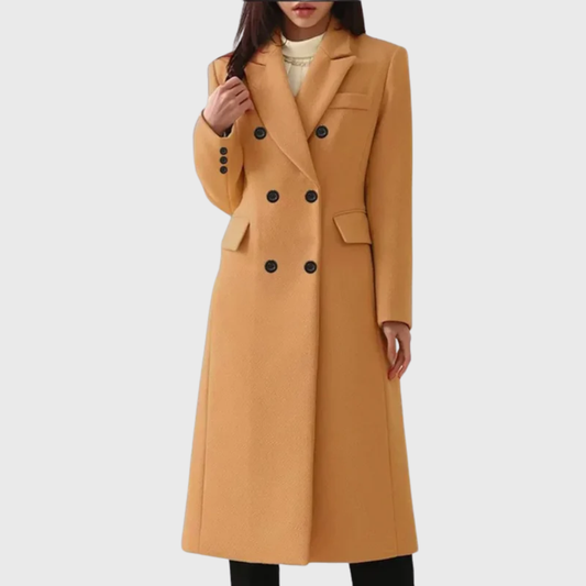 Women's wool-blend coat by Homixa featuring flap pockets, notched lapels, and a double-breasted front, shown on a model.
