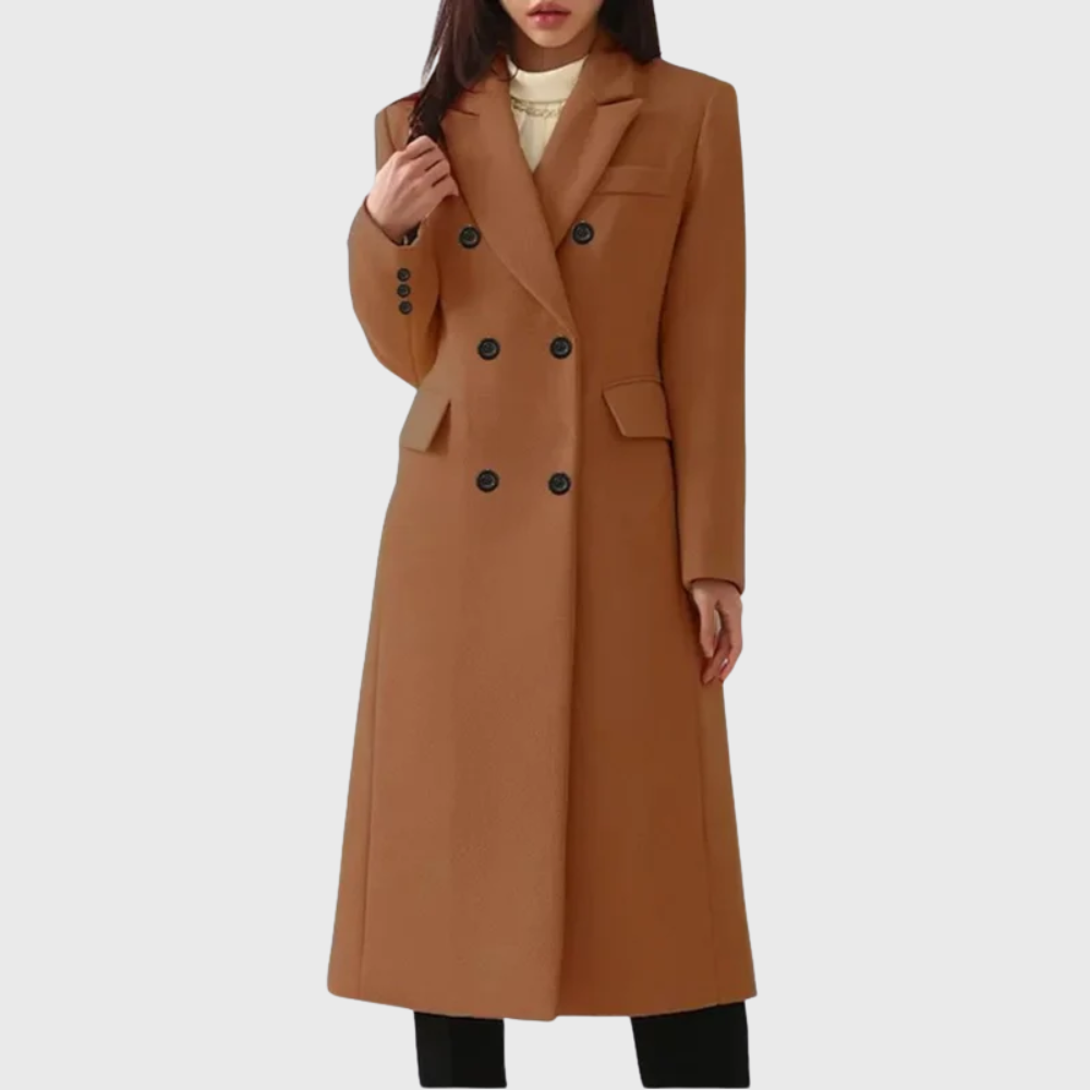 Women's wool-blend coat by Homixa featuring flap pockets, notched lapels, and a double-breasted front, styled for cold weather.