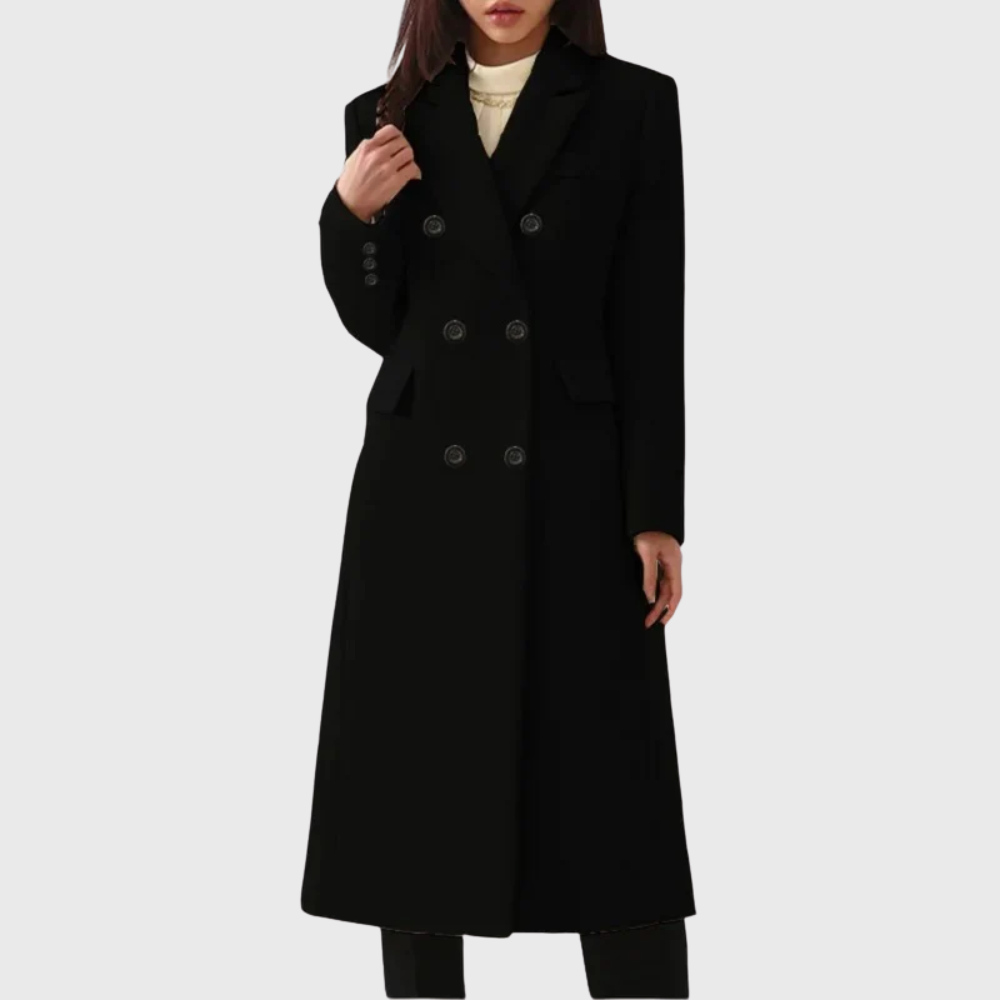 Women’s wool-blend coat by Homixa with flap pockets, notched lapels, and double-breasted front, stylish and warm outerwear.