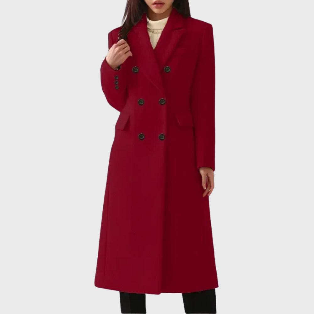 Women's wool-blend coat by Homixa featuring flap pockets, notched lapels, and a double-breasted front.