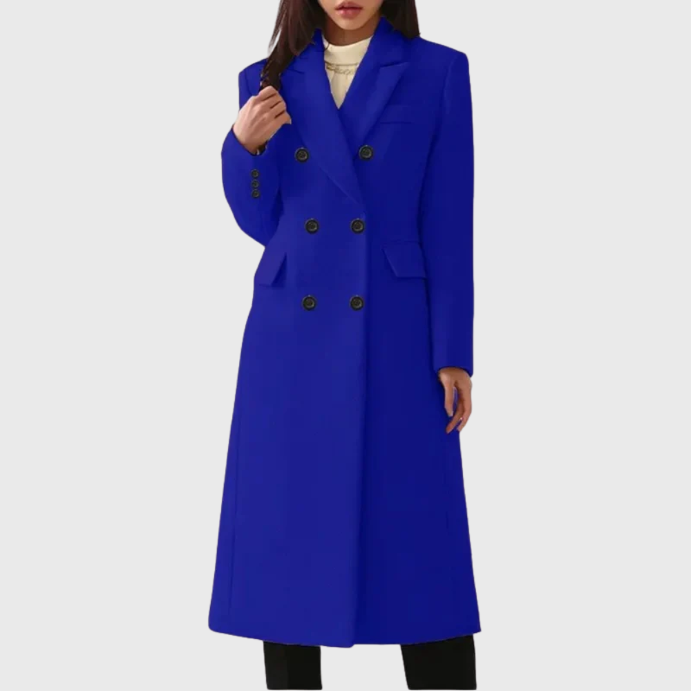 Women's wool-blend coat with flap pockets, notched lapels, and double-breasted front by Homixa, shown on a model.