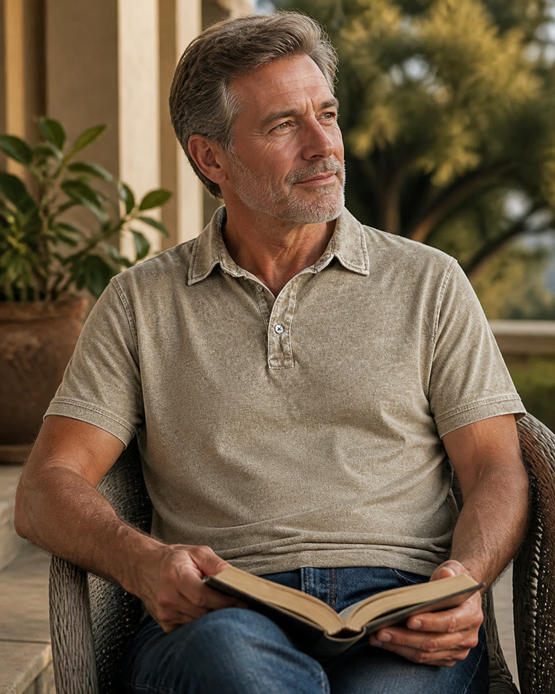 Customer wearing the khaki Ashton men's classic polo shirt on a veranda